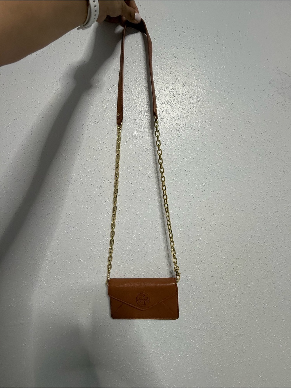 Tory Burch Tan Leather Crossbody with Gold Chain Strap